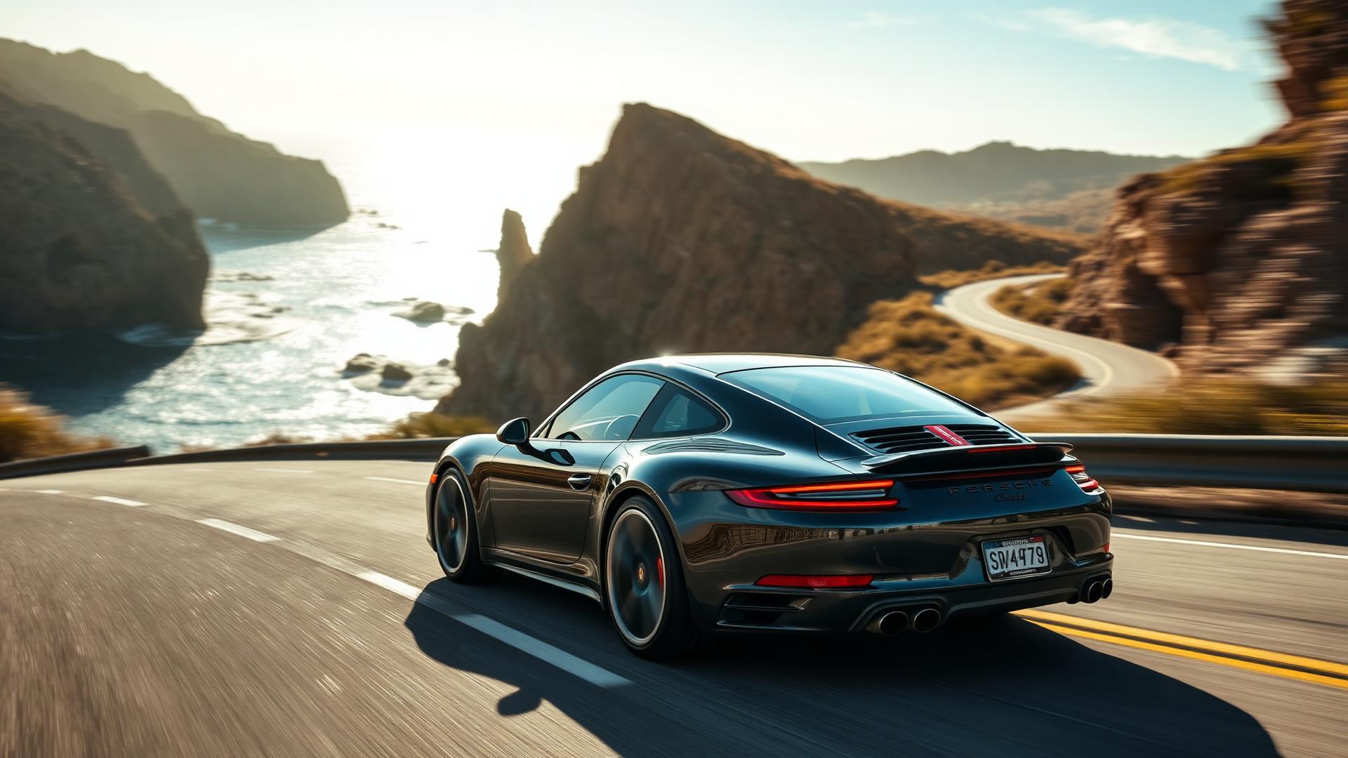 Cinematic shot of a dark Porsche 911 on a coastal highway